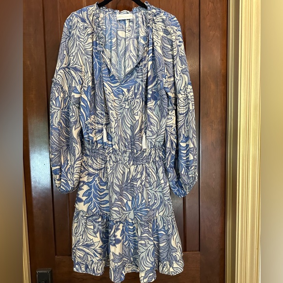 Natalie Martin Long Sleeve Maggie Dress in Blue and Cream Size Large 100% Silk - Picture 1 of 9